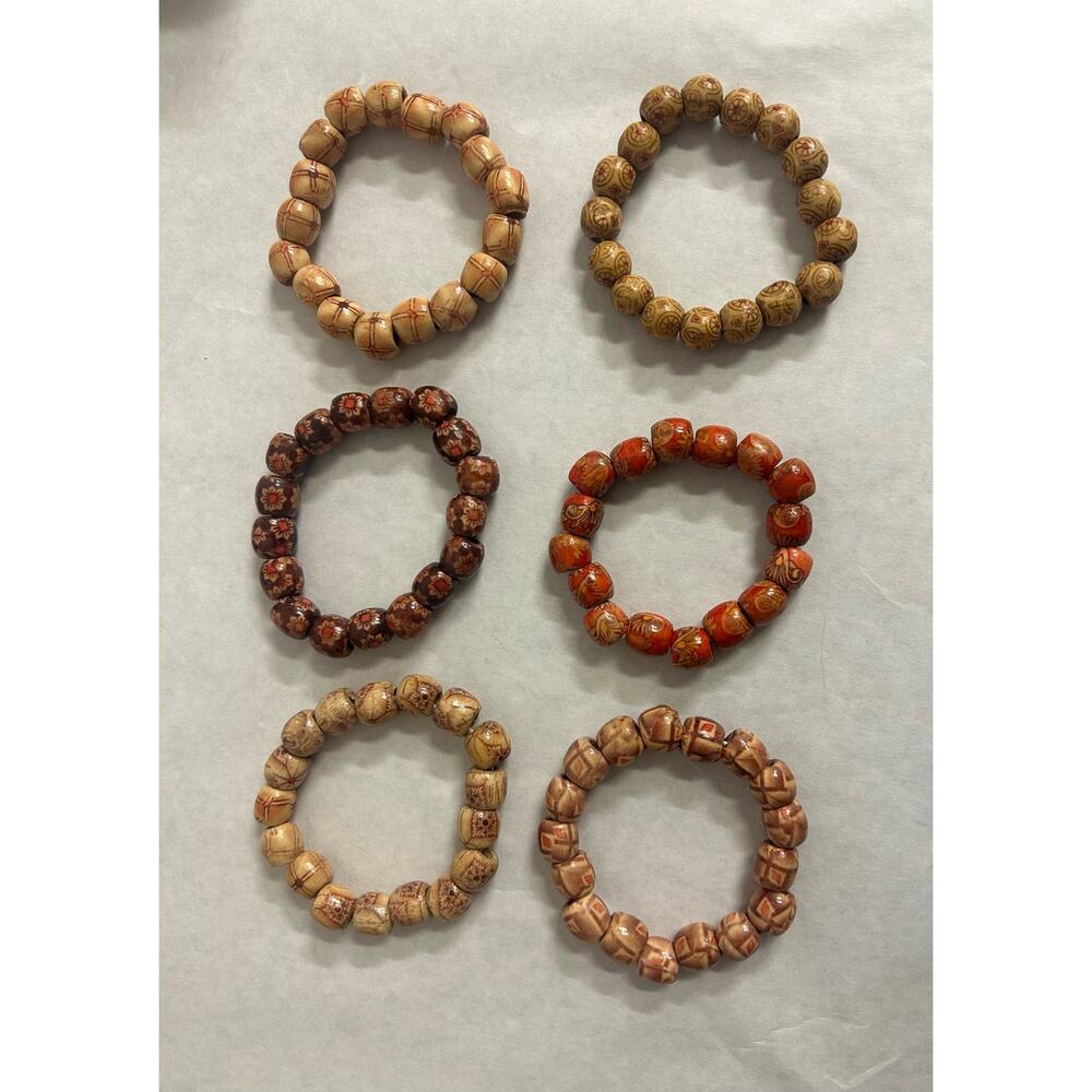 Lot of 6 Handmade Wooden Beaded Stackable Stretchy Bracelets MMJ